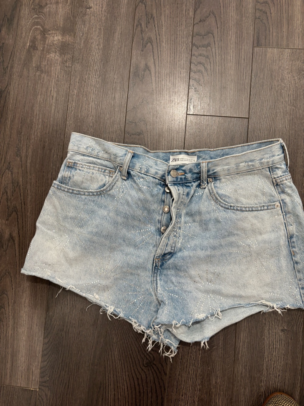 Zara Light Blue Rhinestone Embellished Denim Shorts